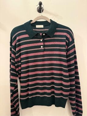 Striped Polo Sweater - Dark Green and Pink